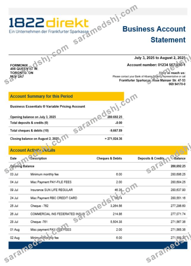 1822direkt bank enterprise account statement Word and PDF template